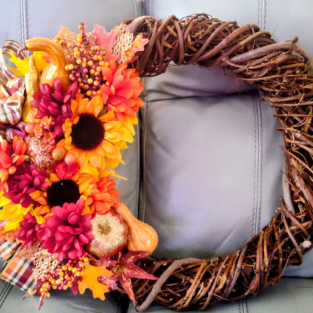 Autumn Harvest Wreath with Sunflowers and Pumpkins